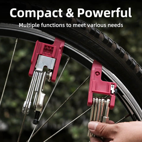Close-up of Bike Repair Multitool Kit 21 In 1 with Carry Case attached to bike wheel showing multifunction design.