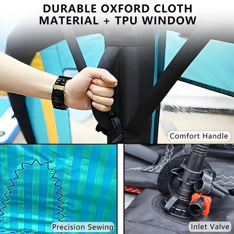 Close-up of Inflatable Kitesurfing Foil Wing 5m2 for Adults, showing durable oxford cloth, TPU window, comfort handle, precision sewing.