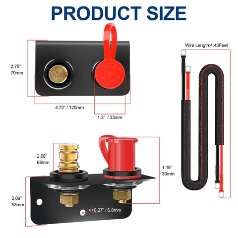 Product size diagram of Remote Battery Jump Post Kit With Three Eighth Inch Stud Beefed Up Heavy Duty Mounting Bracket 4 AWG Cables