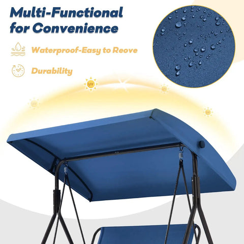 Close-up of adjustable canopy on Three Seat Patio Swing With Removable Cushions And Adjustable Weather Resistant Canopy For Backyard Porch And Garden In Blue Fabric Seat For Outdoor Chill And Lounging.