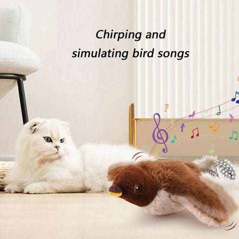 Motion Activated Plush Bird Toy For Indoor Cats With Realistic Sounds, Rechargeable Interactive Pet Toy That Auto Starts, Quiet Hands Free Playtime Buddy For Curious Cats And Busy Owners near white cat
