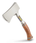 Side view of Sportsmans Axe 14 Inch USA Made Camping Hatchet with forged steel blade and wood-tone genuine leather grip