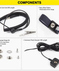 ESD Mat Anti Static Grounding Kit for Workstations Setup showcasing coil cord, wristband, snap kit, and grounding plug adapter components.