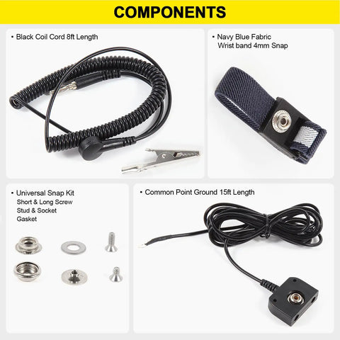 ESD Mat Anti Static Grounding Kit for Workstations Setup showcasing coil cord, wristband, snap kit, and grounding plug adapter components.