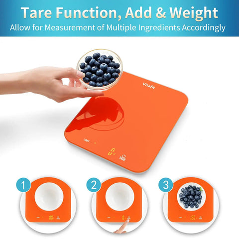 High Precision 33Lb Digital Kitchen Scale With LED Display For Precise 0.1oz 1g Readings, tare function, orange finish