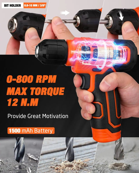 Hand holding 8V cordless drill from 139 Piece Tool Set With 8V Cordless Drill Driver In Sturdy Toolbox Case Must Have Home Repair Kit