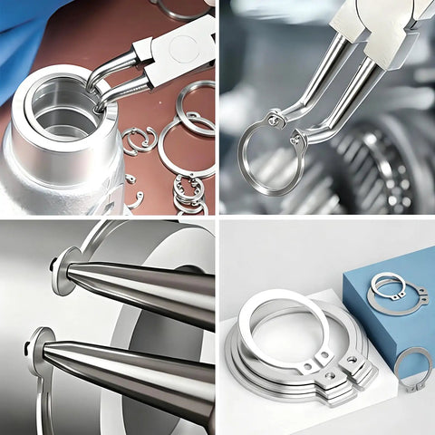 505 Piece C Clips Kit With 19 Sizes External Retaining Rings In 304 Stainless Steel Snap Ring Set displayed with tools and machinery parts.