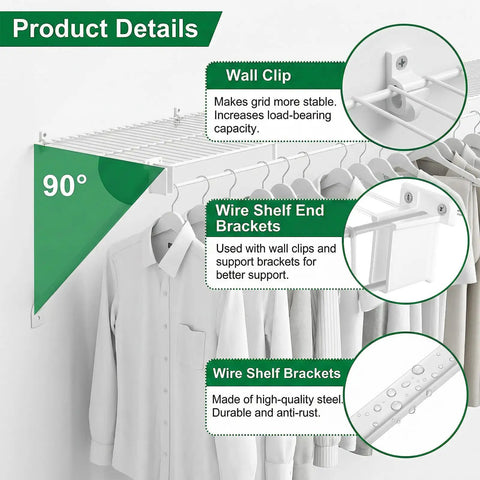 8 Pack White Steel Wire Shelf Brackets 17 Inch Heavy Duty Closet Support Hardware With Quick Snap Clips And End Caps For Zero Hassle Setup and Dope Storage Upgrades with wall clips and end brackets.