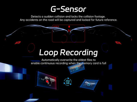 Graphic of G-Sensor and Loop Recording features on P1 Duo 4K Dash Cam Front And Rear With 64GB Card Included for collision detection.