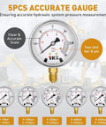 TKG hydraulic pressure test gauge kit, front view showing six gauges with brass fittings