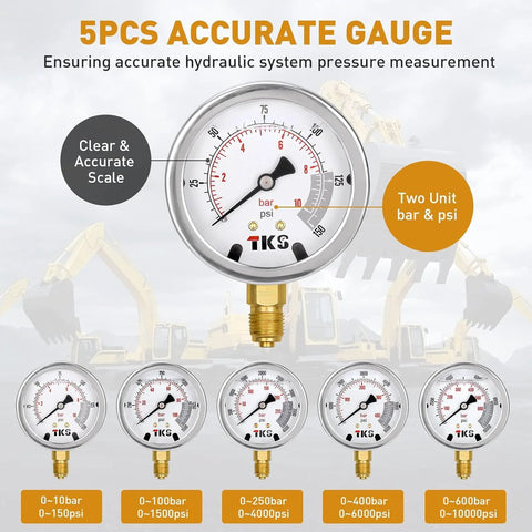 TKG hydraulic pressure test gauge kit, front view showing six gauges with brass fittings