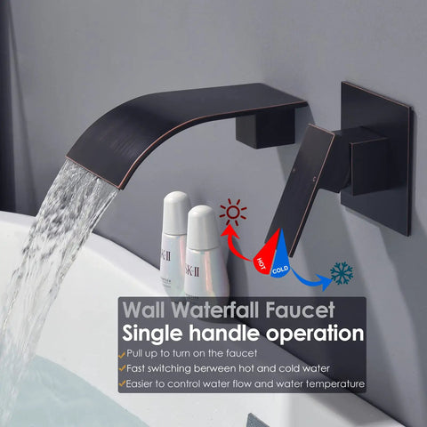 Wall Mount Roman Tub Filler With Waterfall Faucet Single Handle Solid Brass Bath Fixture Rough In Valve Included Oil Rubbed Bronze Finish Sleek Dope Home Spa Upgrade showing water flow