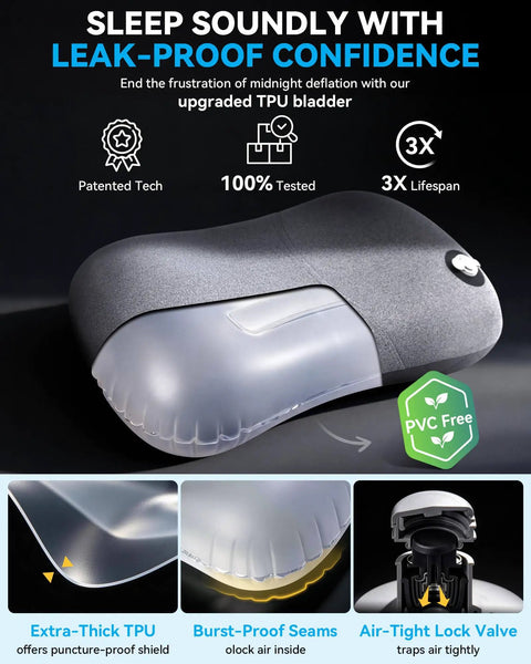 Ultralight Inflatable Travel Neck Pillow With Removable Cover, showcasing leak-proof TPU bladder, Grey.