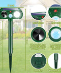 Solar Ultrasonic Animal Repellent 4 Pack With Motion Sensor And Flashlight IP65 Waterproof Outdoor Yard Deterrents For Deer Rabbits Raccoons And Cats No Go Zone Keeps Critters Away, 15-inch stake