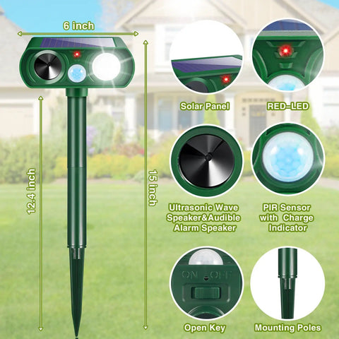 Solar Ultrasonic Animal Repellent 4 Pack With Motion Sensor And Flashlight IP65 Waterproof Outdoor Yard Deterrents For Deer Rabbits Raccoons And Cats No Go Zone Keeps Critters Away, 15-inch stake