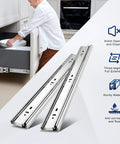 Rock Solid 20 Inch Soft Close Drawer Slides With Ball Bearing Full Extension For Dressers Side Mount Runners displayed with a user unloading dishes.