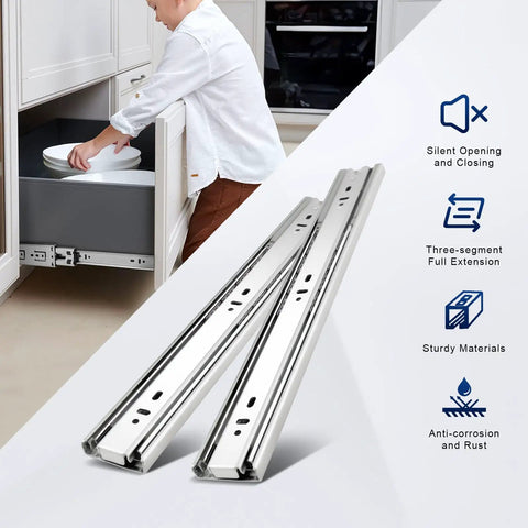 Beefy 22 Inch Soft Close Drawer Slides With Ball Bearing Full Extension, side mount, shown installed in kitchen, durable steel rails
