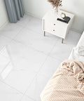 Peel And Stick White Marble Vinyl Floor Tiles 12x12 Inch 1mm Thick Waterproof Self Adhesive Flooring For Bathroom Kitchen Bedroom And Camper, 20 Tiles Cover 20 Sq Ft, Easy Install No Mess shown in bedroom