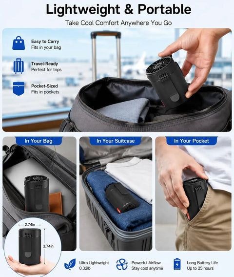 Ultra Strong 6600RPM Portable Waist Fan with 4 Speeds shown fitting in bag, suitcase, and pocket for easy carry.