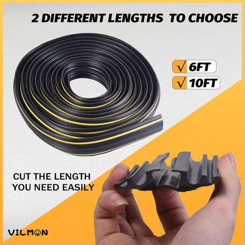 6Ft Floor Cord Protector With 5 Channel Design Soft PVC Cable Cover roll in black with yellow stripe, hand showing channel detail