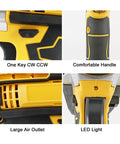 Pro Grade 21V Cordless Electric Drill Driver Kit With Two 1200 mAh Lithium Batteries And Multi Speed Settings showing button features, comfortable handle, air outlet, and LED light.