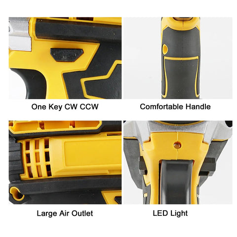Pro Grade 21V Cordless Electric Drill Driver Kit With Two 1200 mAh Lithium Batteries And Multi Speed Settings showing button features, comfortable handle, air outlet, and LED light.