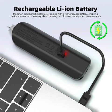 Rechargeable Digital Multimeter Tester With Smart Mode And Red Green Backlight for DIYers showing Li-ion battery charging via USB.
