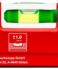 Sola Spirit Level Compact Go! Clip, 0 - Compact red level with green vials and ±1.0 mm/m accuracy, ideal for precise measurements.