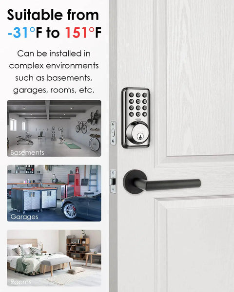 Keypad Door Lock With 20 Access Codes And One Time Use Code shown on door, compatible with various environments like basements and garages.