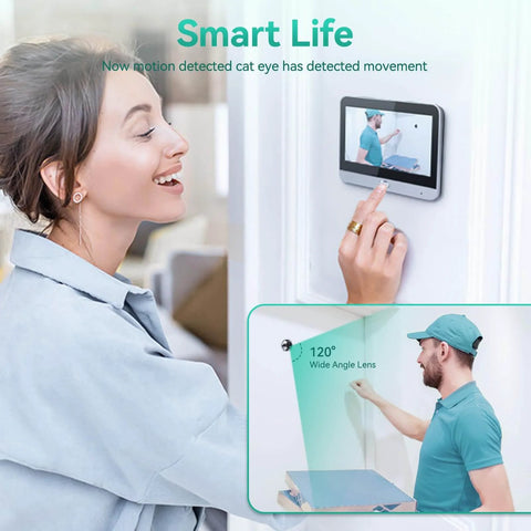 Smart Video Doorbell With 4.3 Inch Color Monitor And 1080p HD Wireless Camera showcasing two-way talk feature on door