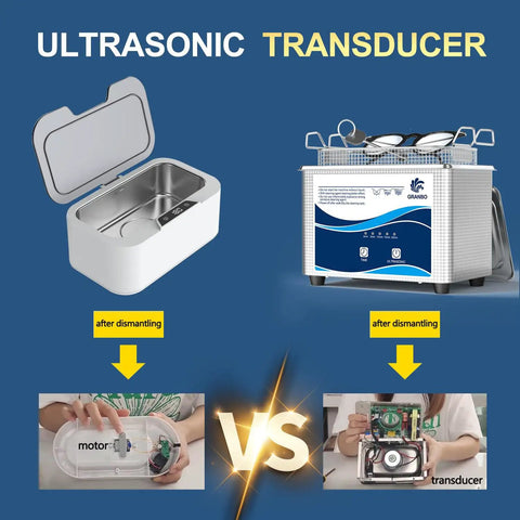 Clean As A Whistle And Built Different For Gritty Grime 40 Khz Ultrasonic Cleaner with open lid and transducer comparison.