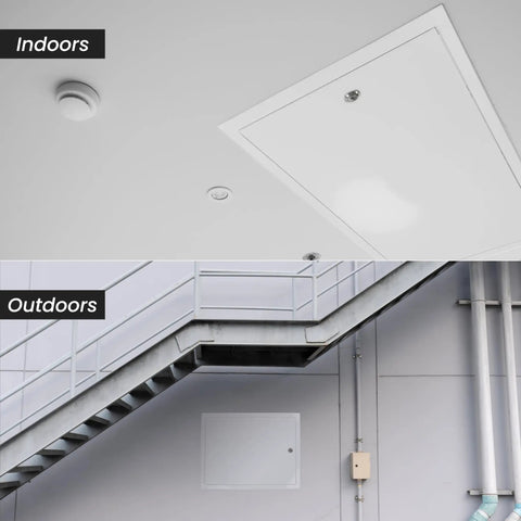 Rock Solid 12 x 12 Inches White Galvanized Steel Access Panel For Drywall shown indoors and outdoors, showcasing installation versatility.