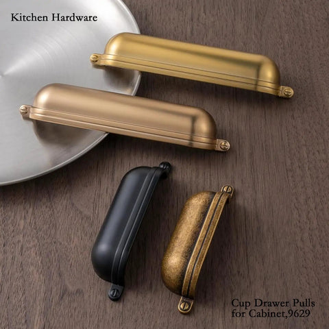 Antique Brass Cup Drawer Pulls For Cabinets Zinc Alloy 3 Inch Hole Center Bin Cup Pulls 6 Pack on wooden surface