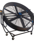 Hulking 78 Inch Mobile Drum Fan Kickin Up Serious Garage Airflow Quiet Tilt Head Industrial Shop Air Circulator with heavy duty wheels.