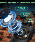 Powerful 128dB speaker detail showcasing 34mm size and 3w peak output for Ultra Rugged Unlocked Android 15 Powerhouse packed with massive 10000mAh battery.