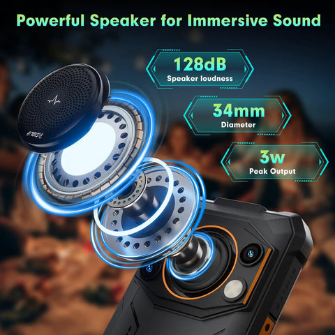 Powerful 128dB speaker detail showcasing 34mm size and 3w peak output for Ultra Rugged Unlocked Android 15 Powerhouse packed with massive 10000mAh battery.