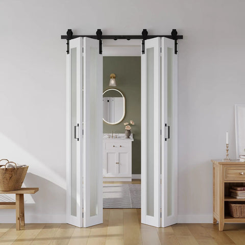 56 Inch By 84 Inch Bifold Sliding Barn Door With One Lite Tempered Frosted Glass Panel And Sliding Hardware Kit Pre Drilled Closet Slab 5.33 Foot Track For Four Doors MDF White
