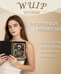 Woman holding Gothic Skull Tarot Card Journal Spiral Notebook For Work And Witchy Vibes, Coffee Lover Gift, goth office supplies