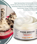 4 Oz Food Grade Grease For Stand Mixers jar next to mixer gears showing lubrication with text about regular regreasing benefits