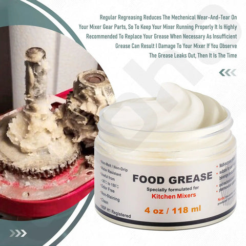 4 Oz Food Grade Grease For Stand Mixers jar next to mixer gears showing lubrication with text about regular regreasing benefits