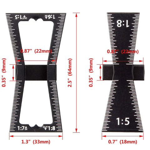 Premium Dovetail Marker Guide Set featuring two aluminum alloy jigs for accurate woodworking layouts, showing measurement details.