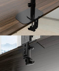 Close-up of Kingpin Steel Reinforcement Plate for Glass Desk Adds Savage Stability to Monitor Mount Setup with Secure C-Clamp Grip.