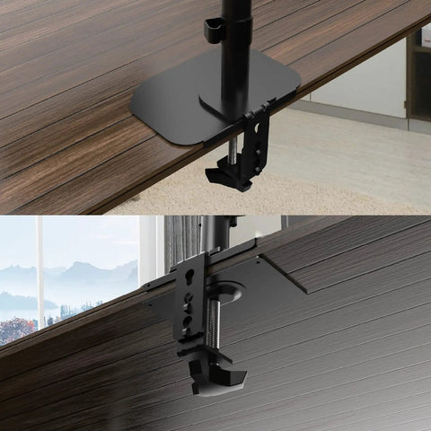 Close-up of Kingpin Steel Reinforcement Plate for Glass Desk Adds Savage Stability to Monitor Mount Setup with Secure C-Clamp Grip.