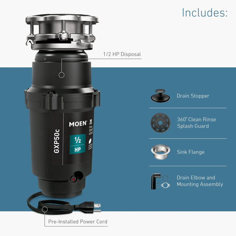 Pro Series Half Horsepower Continuous Feed Garbage Disposal For Kitchen Sink With 2600 RPM Vortex Motor And Power Cord Compact Design And Easy Install For Lightning Fast Grinding