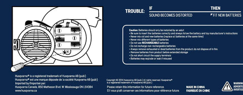 Illustration of battery compartment for 125B Toy Leaf Blower For Kids That Actually Blows Air And Lights Up with caution notes