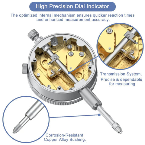 Dial Indicator 0 To 1 Inch Range With 0.001 Inch Resolution Case Included Precision Measuring Tool showing internal mechanism details.