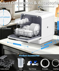Sleek Portable Countertop Dishwasher Packed With A Built In Five Liter Water Tank Whisper Quiet One Touch Controls Multiple Wash Cycles And A Full Accessory Kit Making Dish Duty A Breeze For Apartments And RV Trips with dimensions and accessories.