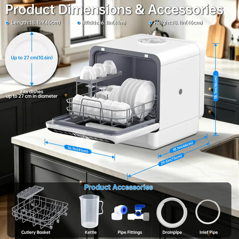 Sleek Portable Countertop Dishwasher Packed With A Built In Five Liter Water Tank Whisper Quiet One Touch Controls Multiple Wash Cycles And A Full Accessory Kit Making Dish Duty A Breeze For Apartments And RV Trips with dimensions and accessories.