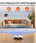Powerful Max Suction Robot Vacuum With LiDAR Navigation And Home Mapping NoGo Zone 150 Minute Run Time 2 4G WiFi App Alexa Remote Control Ideal For Hard Floors Carpets And Pet Hair in a living room setting with furniture and plant, showcasing smart mapping features.