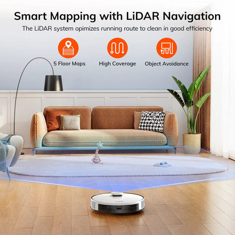 Powerful Max Suction Robot Vacuum With LiDAR Navigation And Home Mapping NoGo Zone 150 Minute Run Time 2 4G WiFi App Alexa Remote Control Ideal For Hard Floors Carpets And Pet Hair in a living room setting with furniture and plant, showcasing smart mapping features.